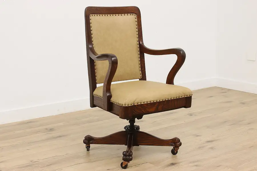 Main image of Victorian Carved Oak Antique Desk Chair, Leather, Plymouth