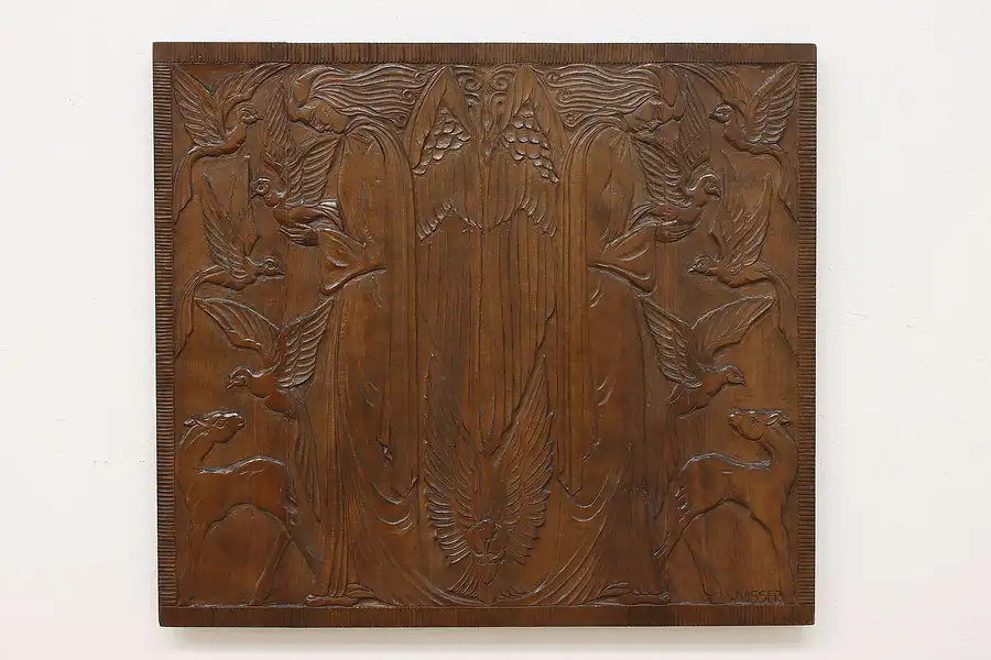 Main image of Art Nouveau Antique Carved Beech Wall Panel, Angels & Doves