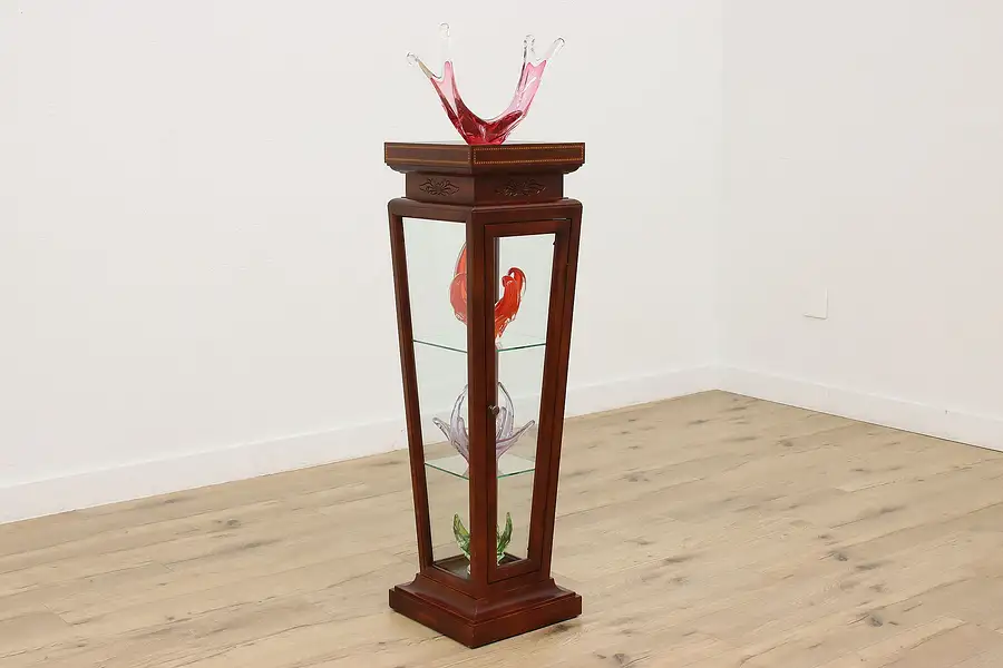 Main image of Vintage Marquetry Mahogany Pedestal w/ Glass Display Case