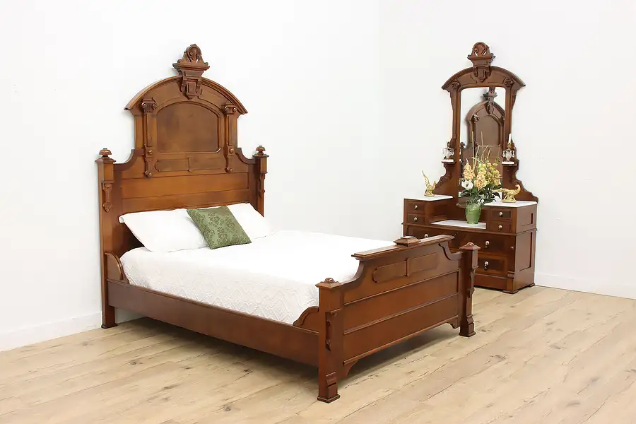 Main image of Victorian Antique 2 Pc Carved Walnut Bedroom Set, Queen Size