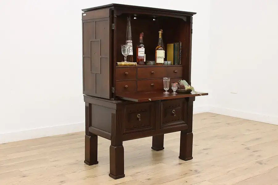 Main image of Tudor Antique Carved Walnut Secretary Desk or Wine Cabinet