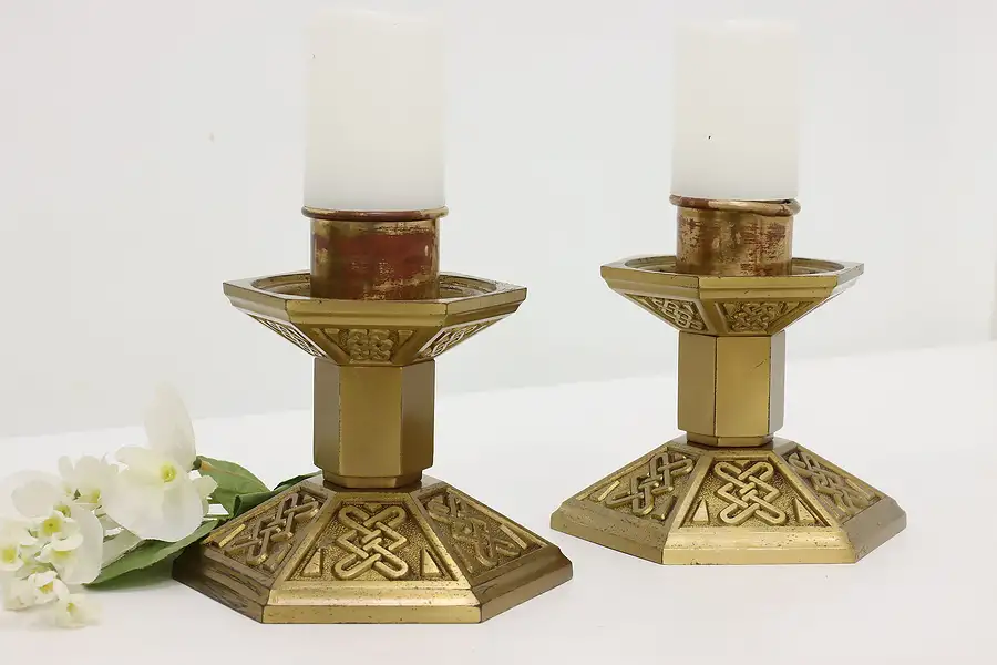 Main image of Pair of Antique Bronze Gothic Design Candlesticks