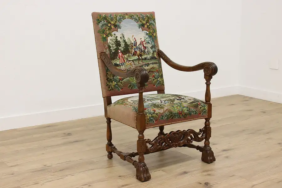 Main image of Renaissance Design Vintage Needlepoint Throne Chair, Hunters