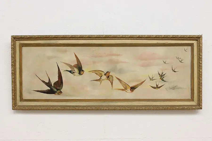 Main image of Swallow Birds Antique Original Oil Painting Johnson 40.5"