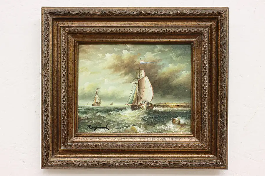 Main image of Fleet of Ships Antique Original Oil Painting Raymond 16"