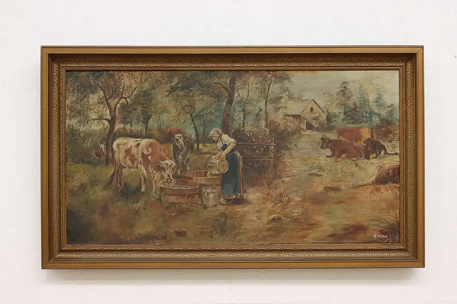 Main image of Farmyard Cows Antique Original Oil Painting, Korn 33.5"