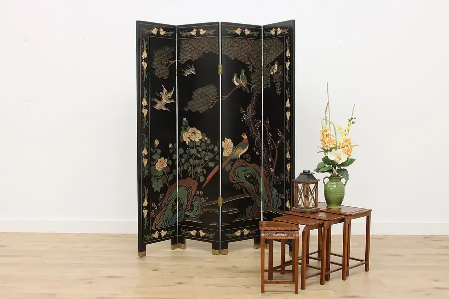 Main image of Chinese Vintage Carved & Painted 4 Panel Screen, Birds