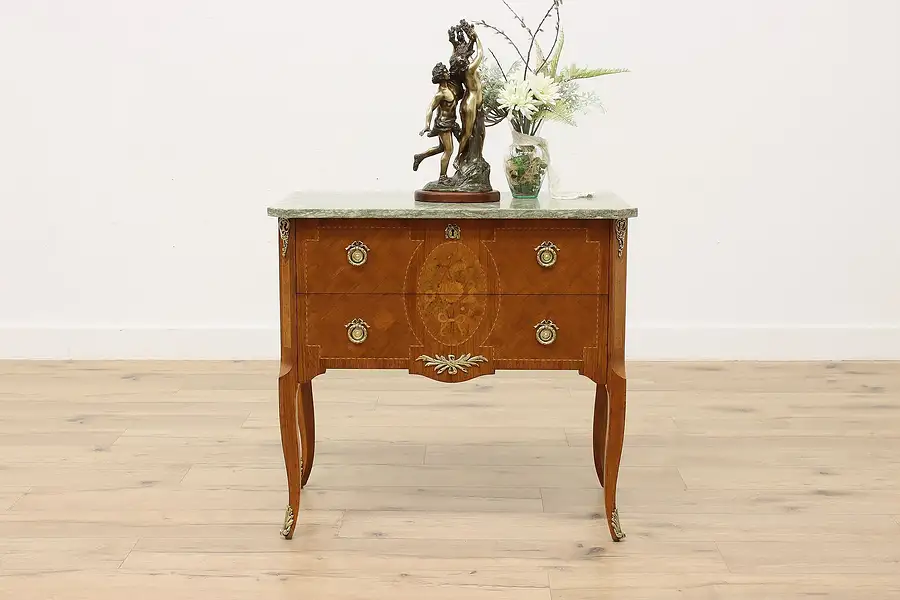 Main image of French Vintage Marble Top Chest or Hall Console, Marquetry