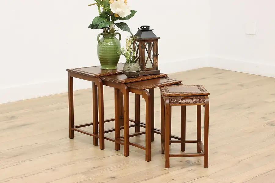 Main image of Set of 4 Asian Vintage Carved Teak Nesting Snack Tables