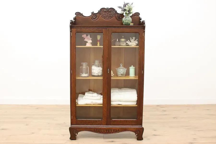 Main image of Victorian Antique Oak Bookcase, Display Cabinet, Wavy Glass