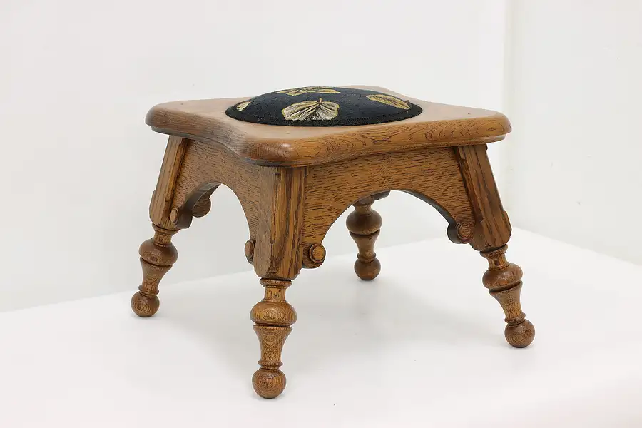 Main image of Victorian Antique Carved Oak Footstool w/ New Upholstery