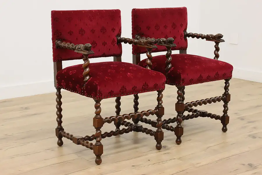 Main image of Pair of Tudor Design Antique Oak Chairs, Carved Lions