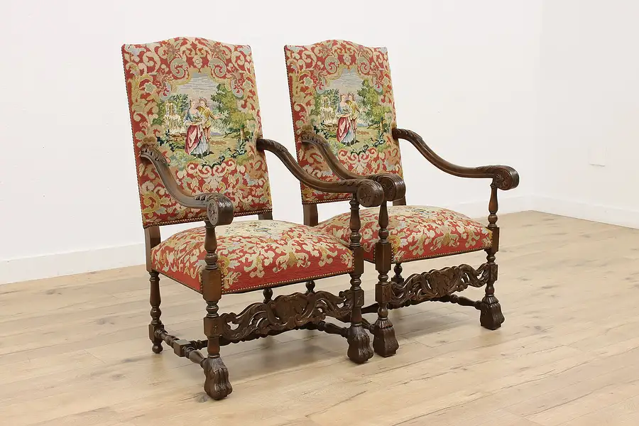 Main image of Pair of Renaissance Antique Carved Chairs, Needlepoint