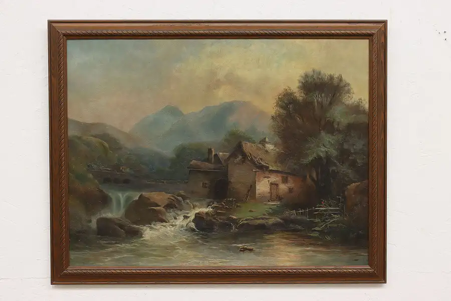 Main image of River Watermill Antique Original Oil Painting 31"