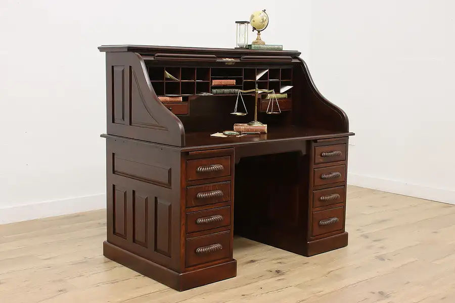 Main image of Victorian Carved Oak Antique Roll Top Office or Library Desk