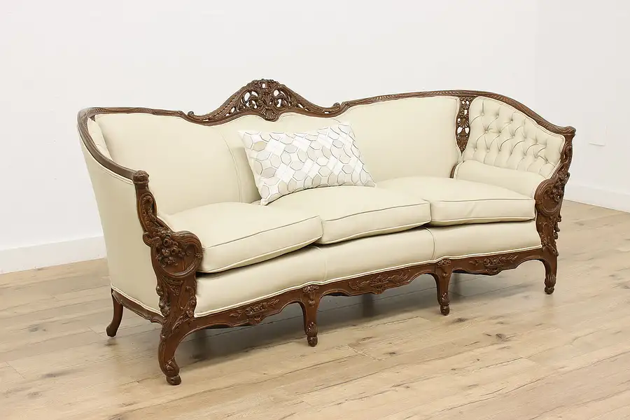 Main image of French Design Vintage Carved Sofa or Couch, Leather, Birds