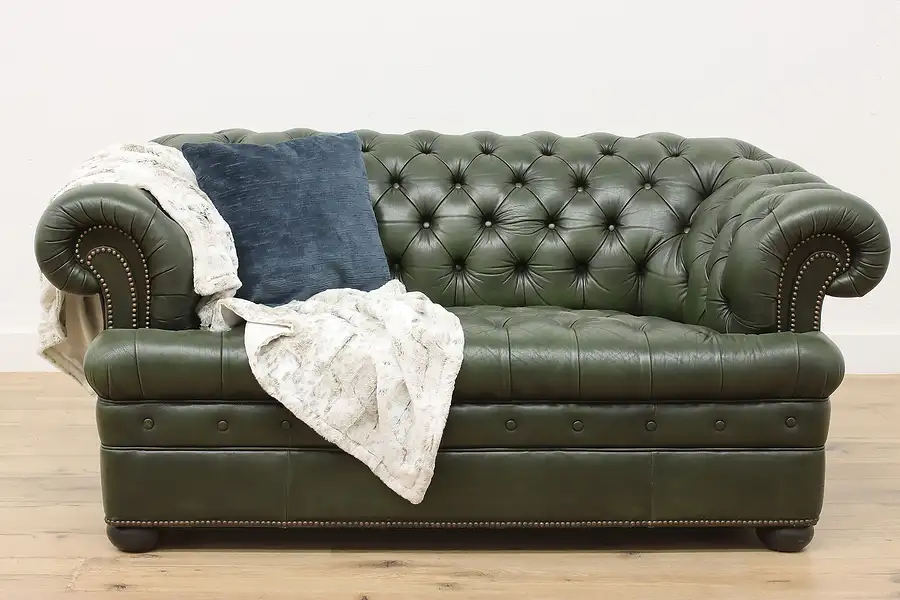 Main image of Chesterfield Vintage Tufted Green Leather Loveseat or Sofa