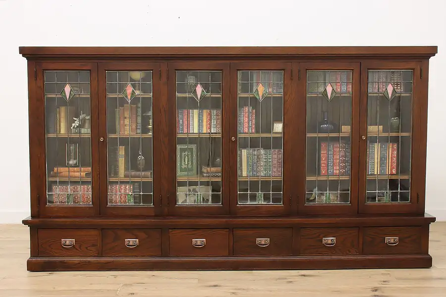 Main image of Arts & Crafts Antique Stained Glass Bookcase Display Cabinet