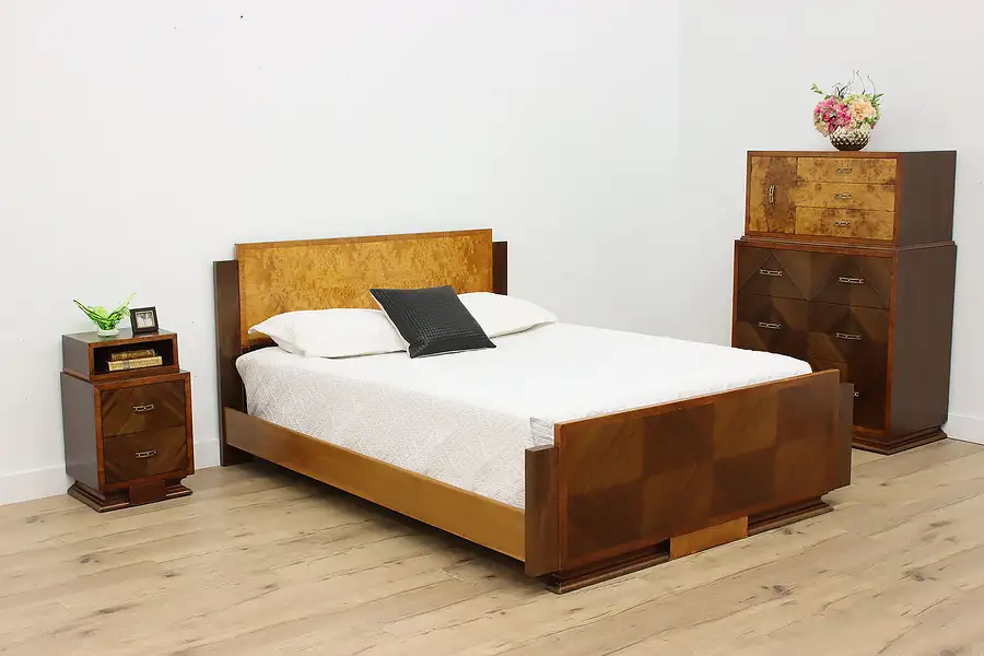 Main image of Art Deco Vintage 3 pc Elm Burl Bedroom Set, Queen Size Bed