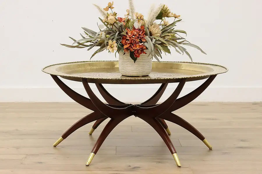 Main image of Embossed Brass Vintage Coffee Table w/ Folding Mahogany Base