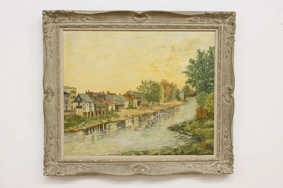 Main image of European City on Riverbank Vintage Oil Painting, Warner 45"