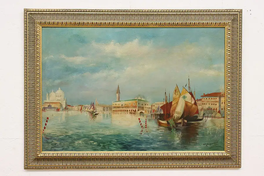 Main image of Venice Waterways Vintage Original Oil Painting, Signed 38"