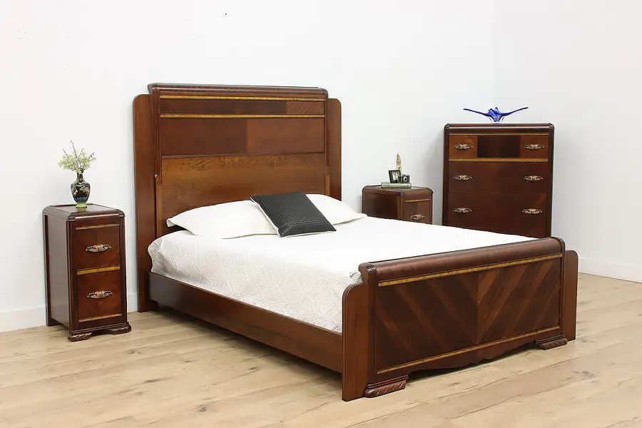 Main image of Art Deco Waterfall Vintage 4 pc Walnut Bedroom Set Queen Bed