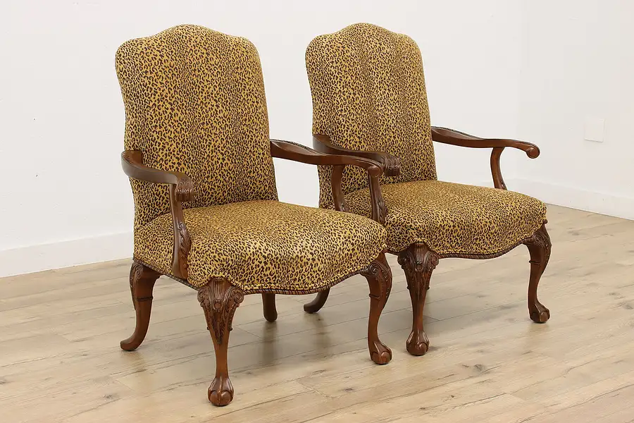 Main image of Pair of Carved Georgian Design Leopard Fabric Chairs Century