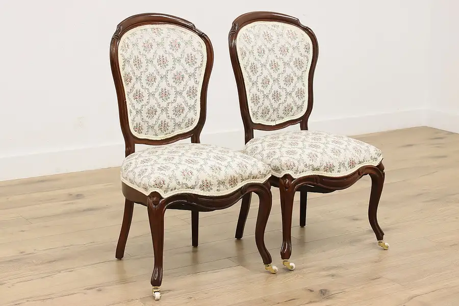 Main image of Pair of Victorian Antique Carved Walnut Side or Hall Chairs