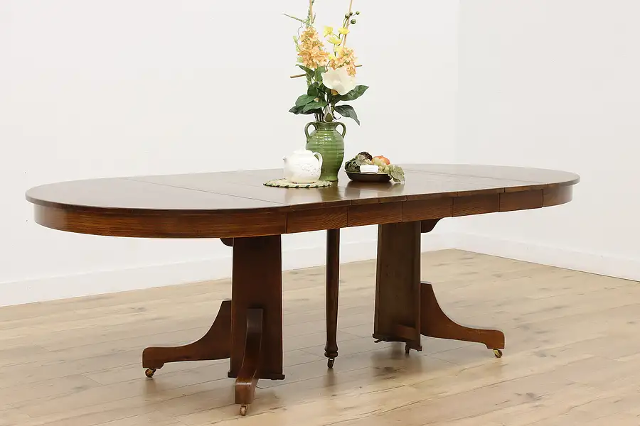 Main image of Craftsman Antique Round 45" Oak Dining Table, 5 Leaves Lentz