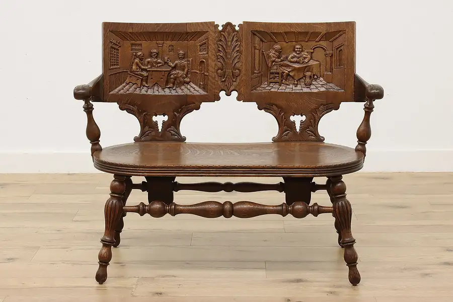 Main image of Renaissance Design Antique Hall or Porch Bench Carved Scenes