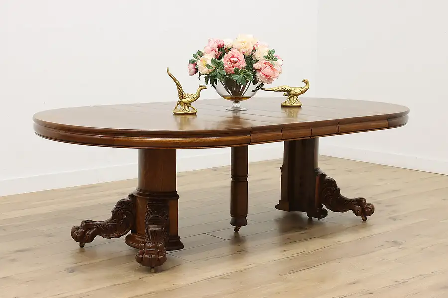 Main image of Victorian Antique 54" Oak Dining Table, 5 Leaves, Hastings