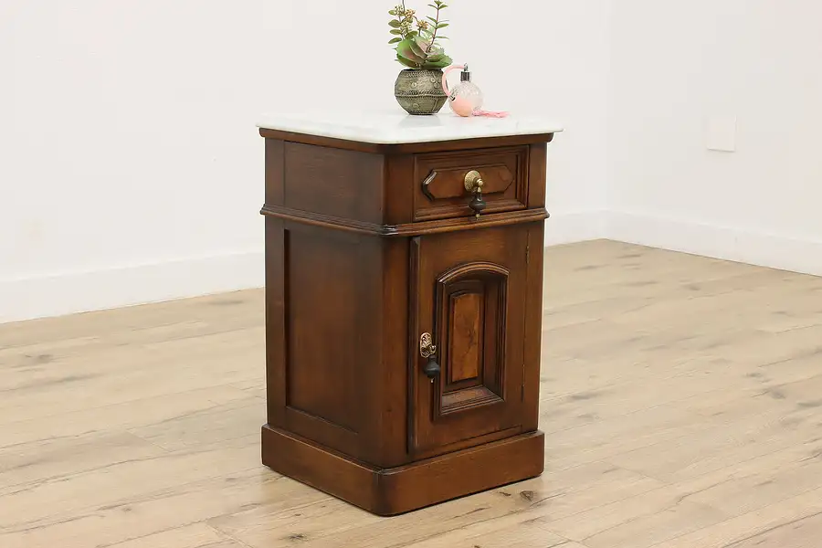 Main image of Victorian Carved Walnut Antique Nightstand End Table, Marble