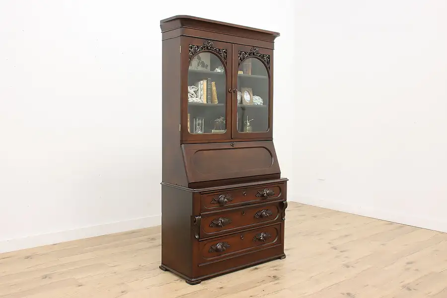 Main image of Victorian Antique Secretary Desk & Bookcase, Carved Fruit