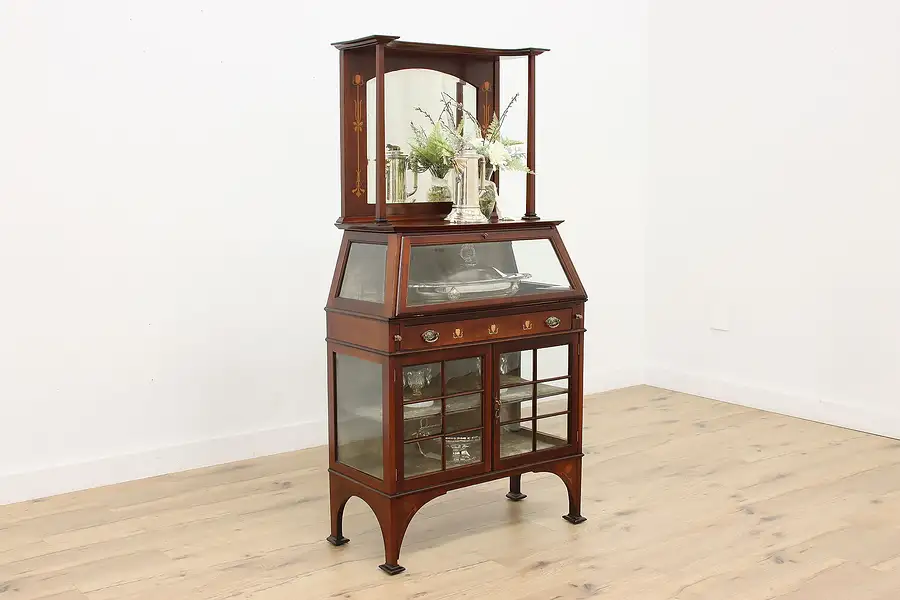 Main image of Art Nouveau Antique Mahogany & Inlay Vitrine Curio Cabinet