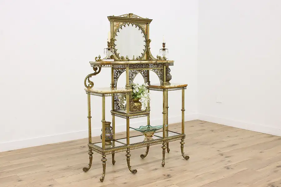 Main image of Victorian Brass & Onyx Antique Etagere, Curio, Glass Shelves