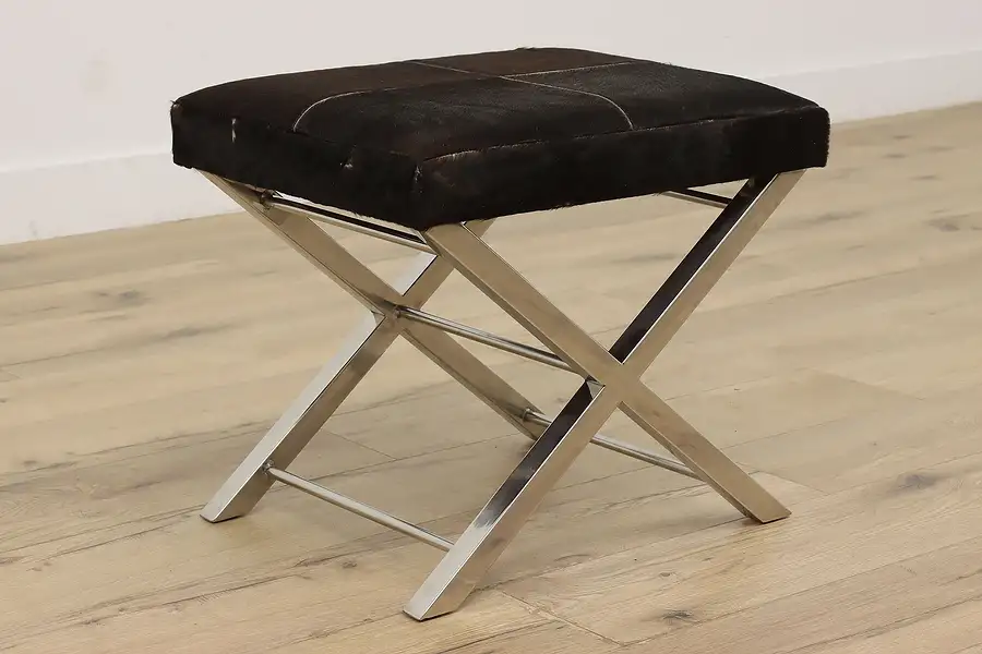 Main image of Cowhide Vintage Aluminum Footstool or Small Bench