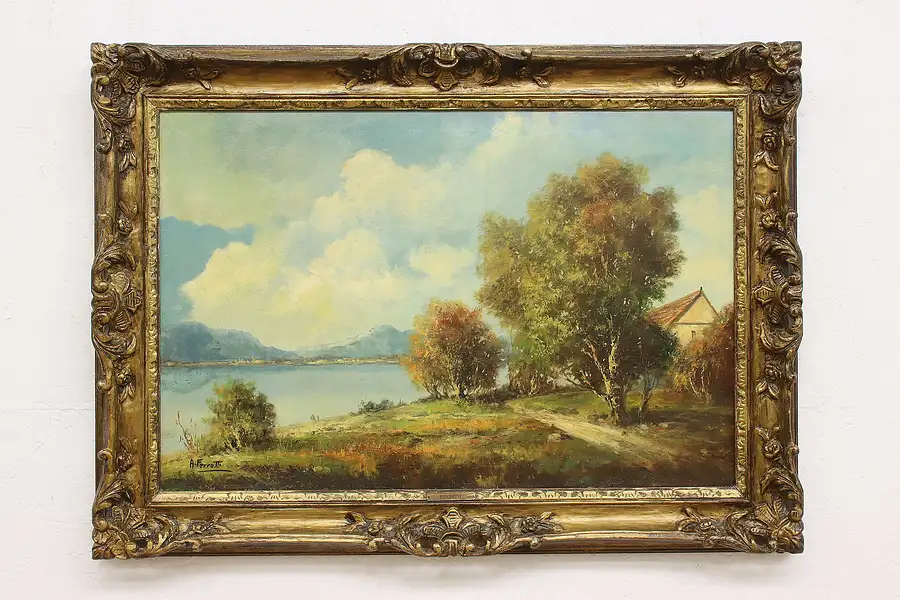 Main image of Lakeside Cottage Antique Original Painting Ferretti 43.5"