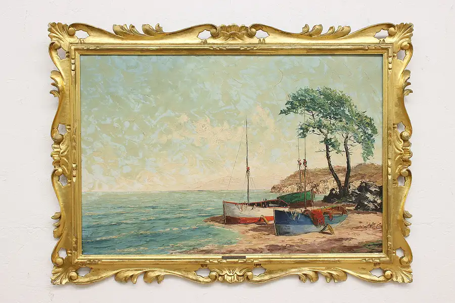 Main image of Sailboats on Shore Vintage Original Oil Painting, Hayes 43"