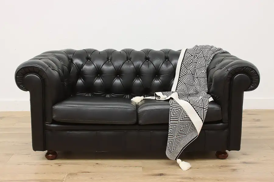 Main image of Chesterfield Vintage Black Leather Loveseat or Sofa