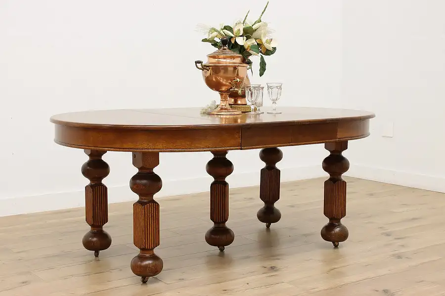 Main image of Victorian Farmhouse Antique Round Oak Dining Table, 2 Leaves