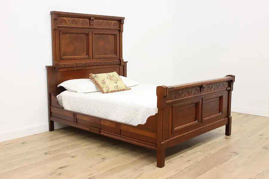 Main image of Victorian Eastlake Antique Walnut & Burl Queen Size Bed