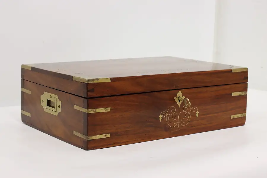 Main image of Mahogany & Brass Vintage Jewelry or Keepsake Box, Flowers