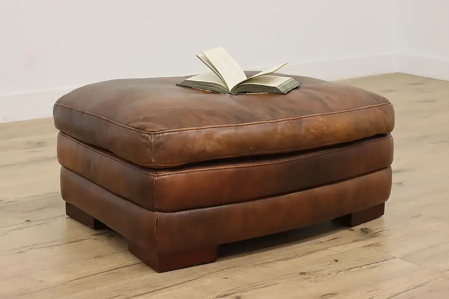 Main image of Traditional Vintage Chocolate Leather Ottoman or Small Bench