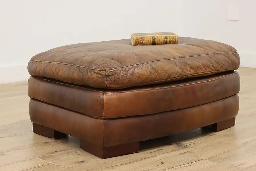 Main image of Traditional Vintage Chocolate Leather Ottoman or Small Bench