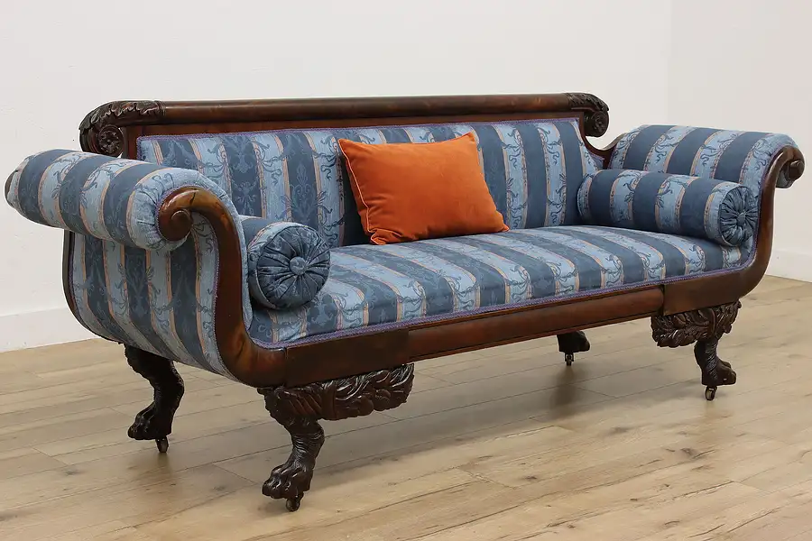 Main image of Empire Antique 1820s Mahogany Sofa Carved Acanthus, Paw Feet