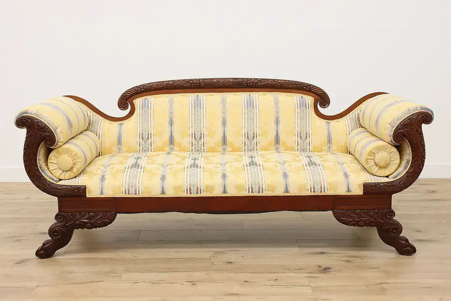 Main image of Empire Antique 1830s Mahogany Sofa Carved Acanthus, Paw Feet