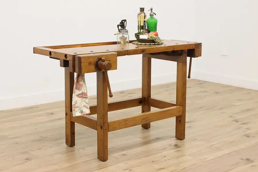 Main image of Farmhouse Antique Maple Workbench or Kitchen Island, Vises