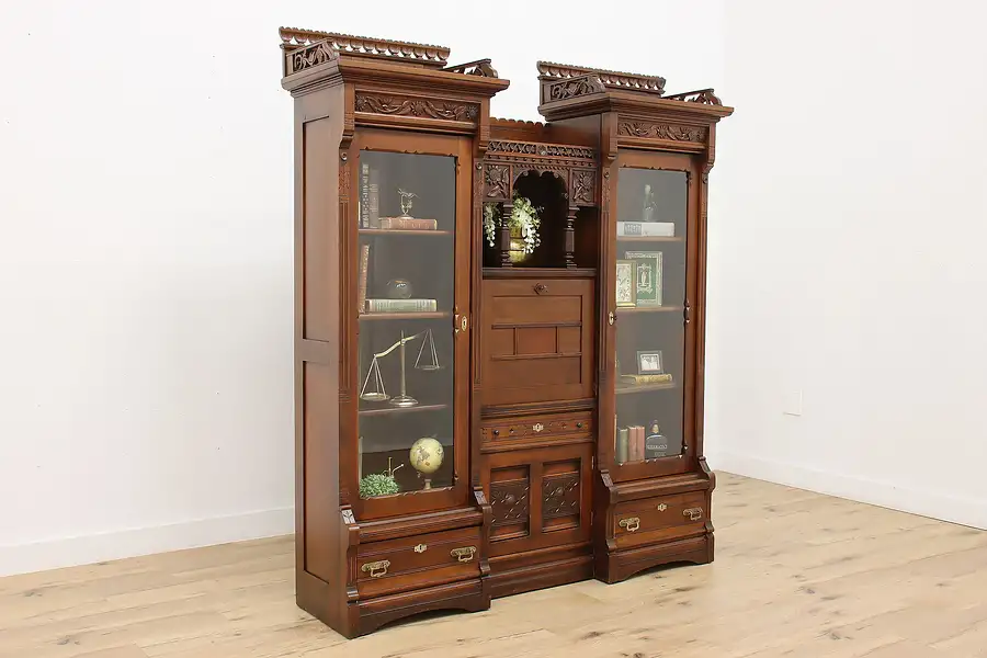 Main image of Victorian Eastlake Antique Secretary & Bookcase, Sunflowers