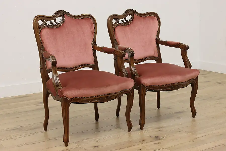 Main image of Pair of French Antique Art Nouveau Walnut & Mohair Chairs